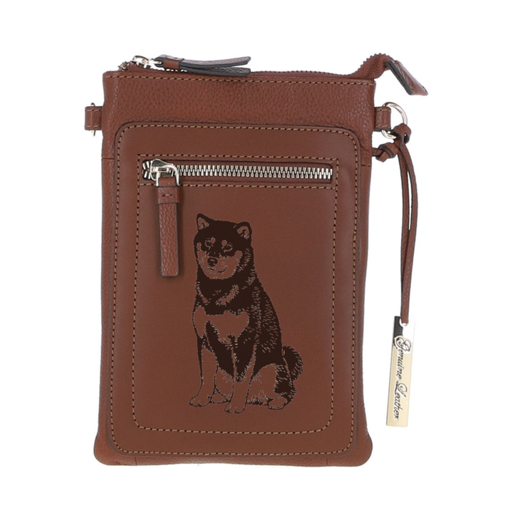 Personalised Japanese Shiba-Inu Sitting Engraved Leather Crossbody Smart Phone Bag