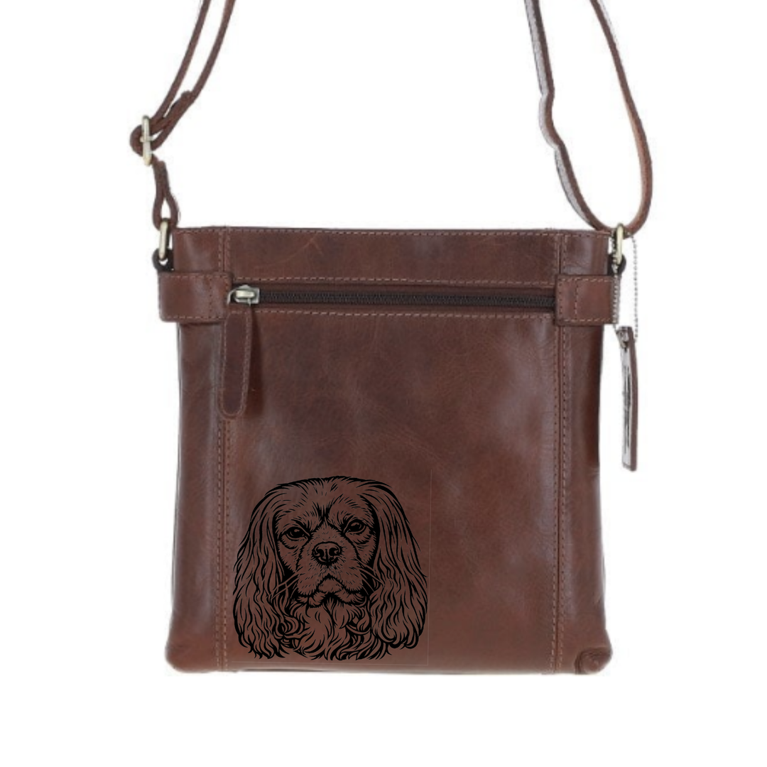Cavalier King Charles Spaniel R Face Engraved Leather Two Section Zip Top Crossbody Bag