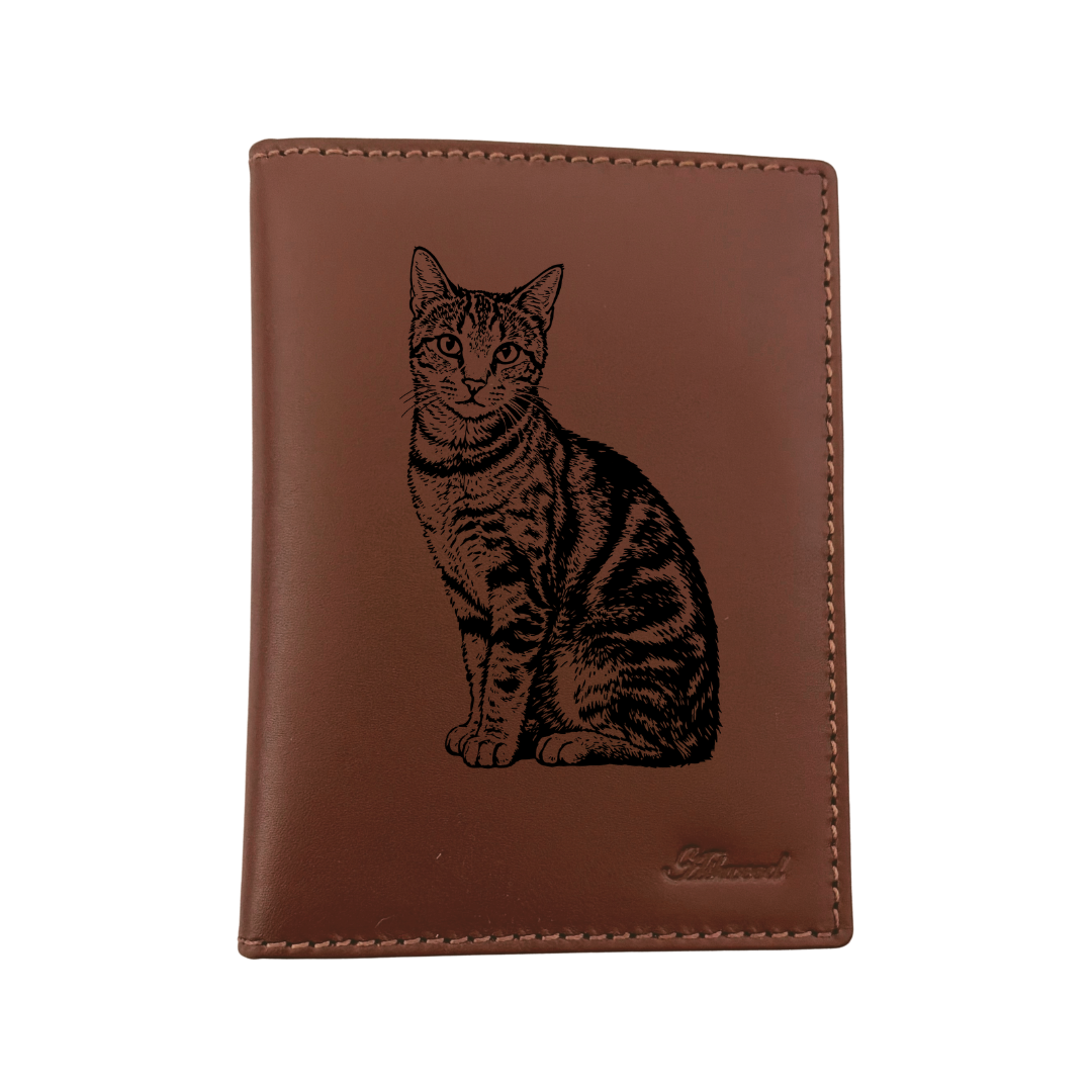 Shorthair Tabby Cat Engraved Leather Passport Cover