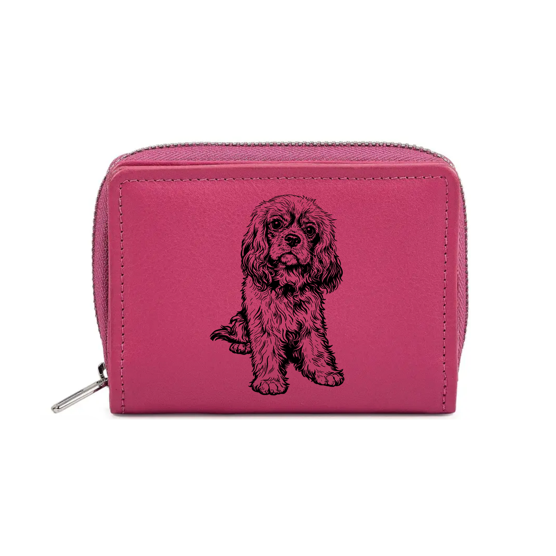 R Cavalier King Charles Spaniel Sitting Engraved Small Leather Purse (Green/Pink/Blue/Red)