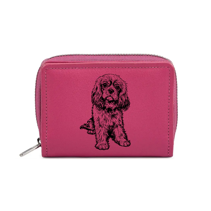 R Cavalier King Charles Spaniel Sitting Engraved Small Leather Purse (Green/Pink/Blue/Red)