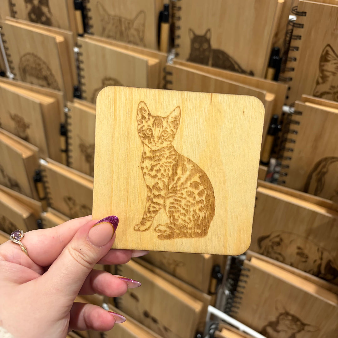 Bengal Cat Illustration Engraved Wooden Coaster