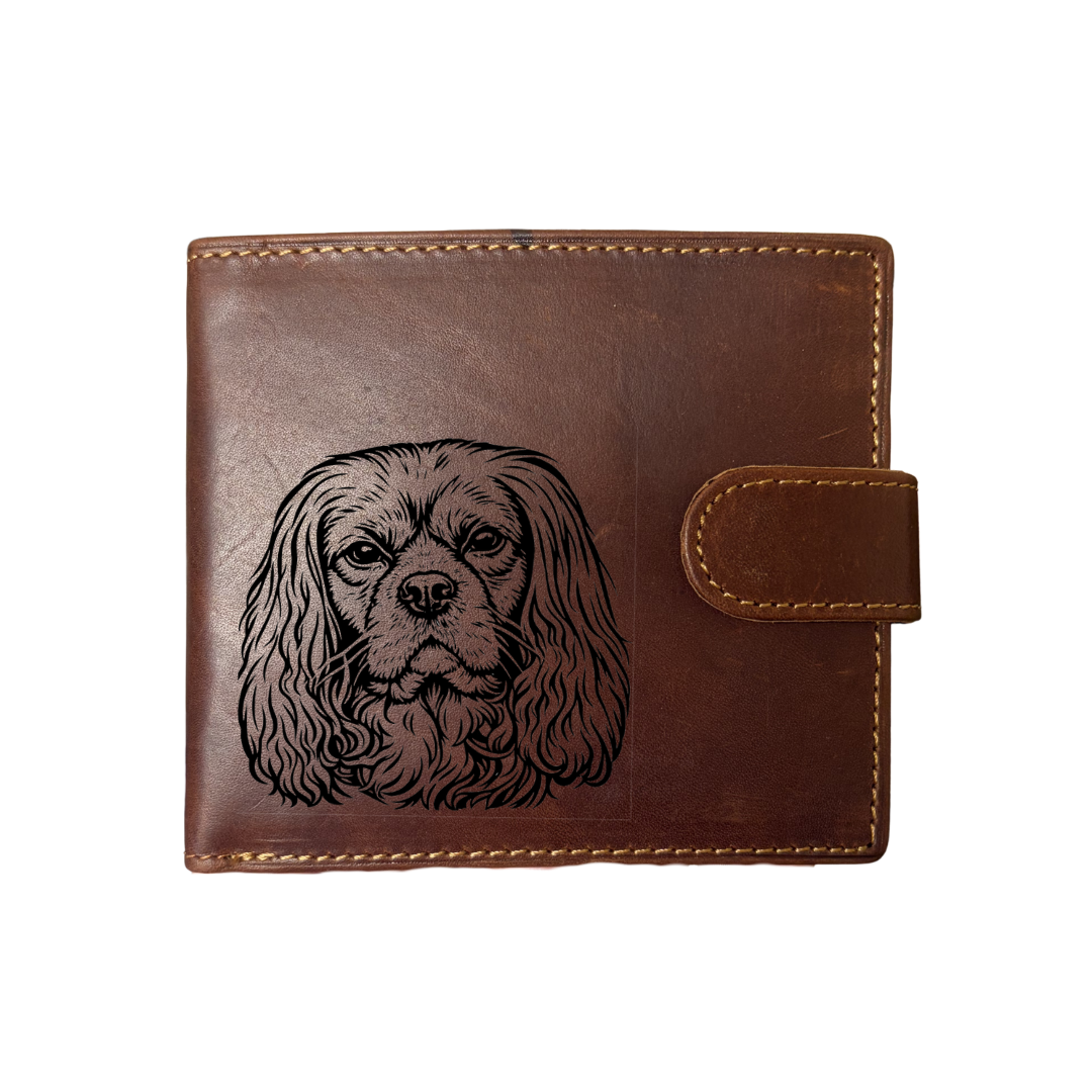 Personalised R Cavalier King Charles Spaniel Face Engraved Dark Tan Genuine Leather Wallet