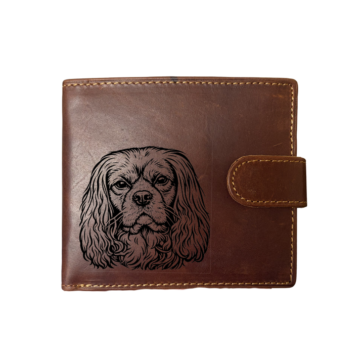 Personalised R Cavalier King Charles Spaniel Face Engraved Dark Tan Genuine Leather Wallet