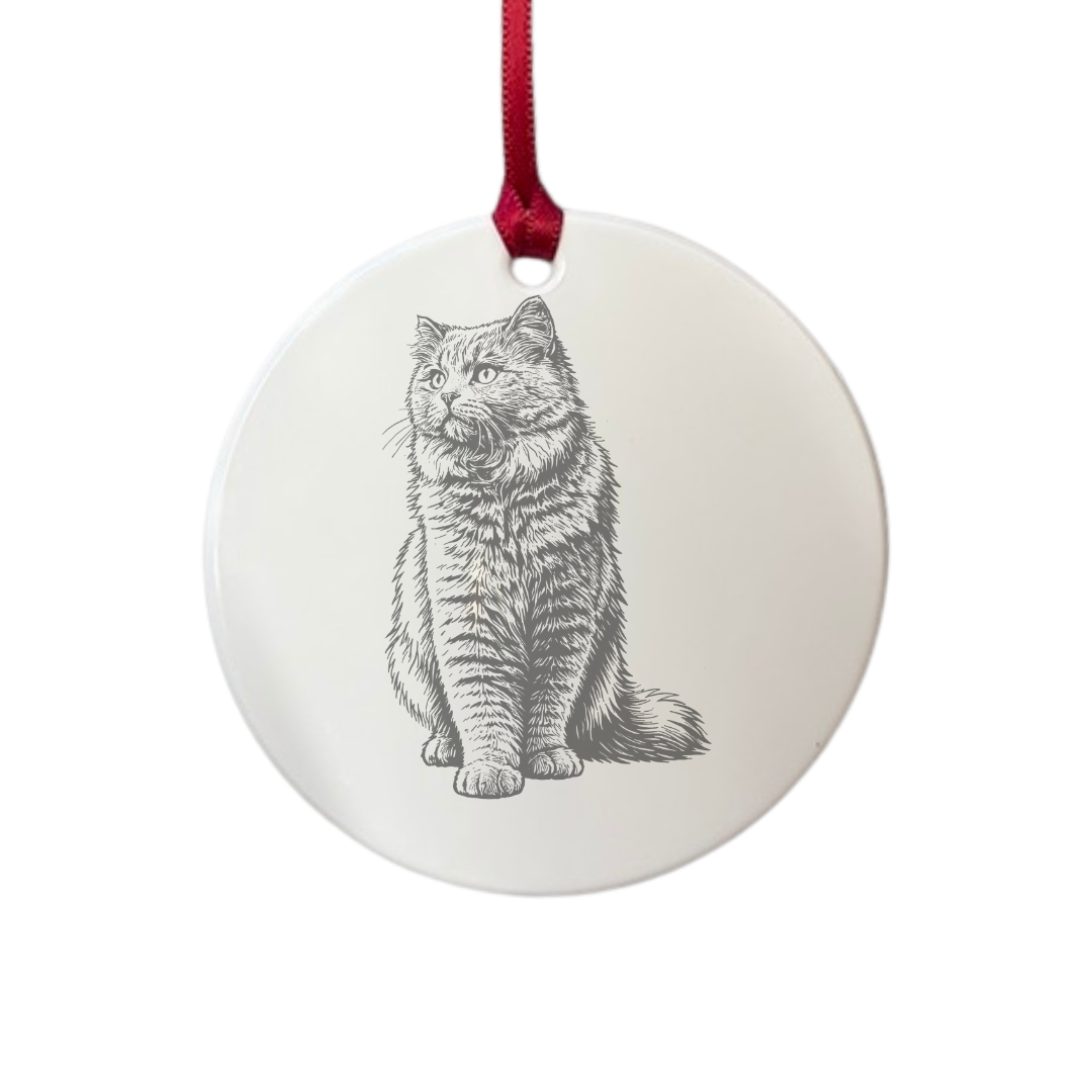 Personalised British Longhair Cat Sitting Engraved White Acrylic Decoration