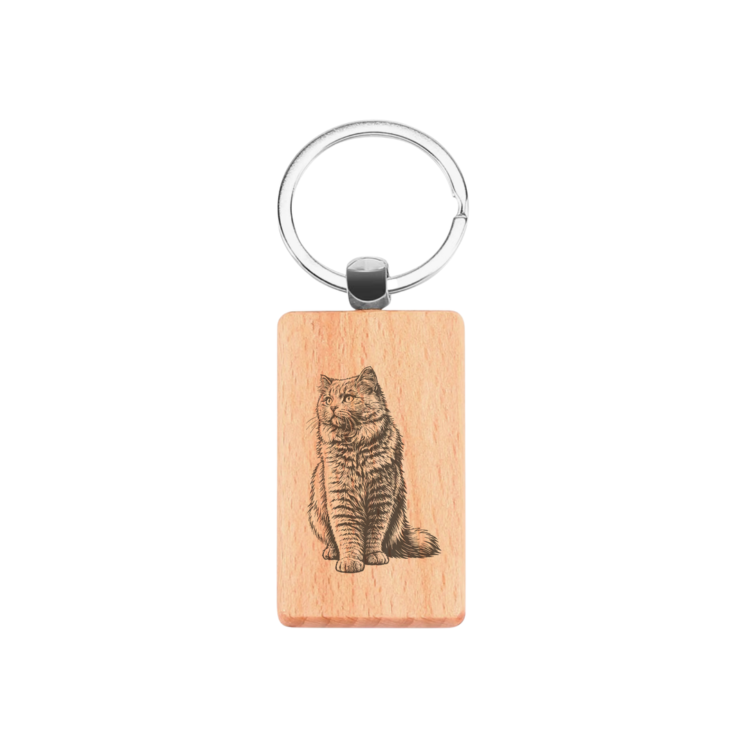 British Longhair Cat Engraved Rectangle Wooden Keyring