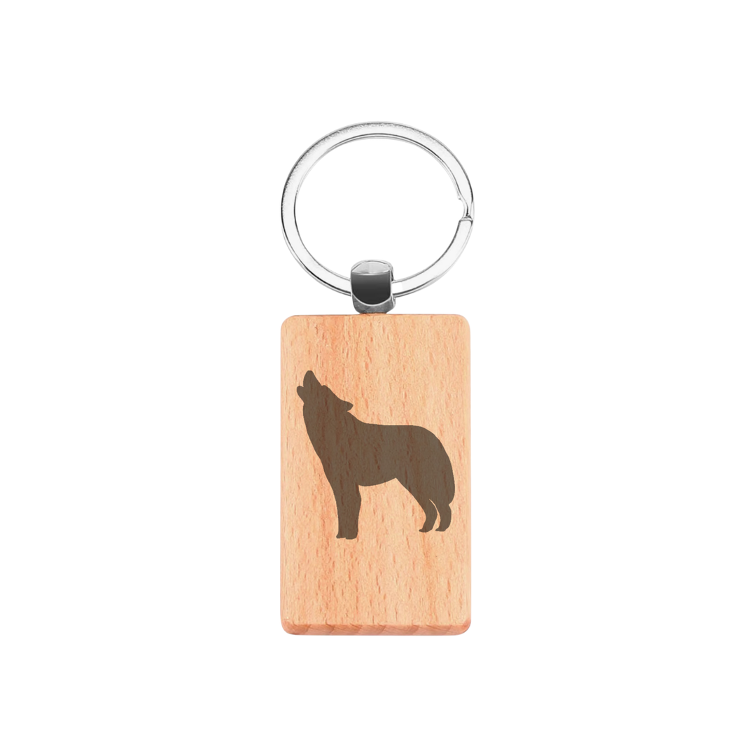 Wolf Silhouette P Engraved Rectangle Wooden Keyring