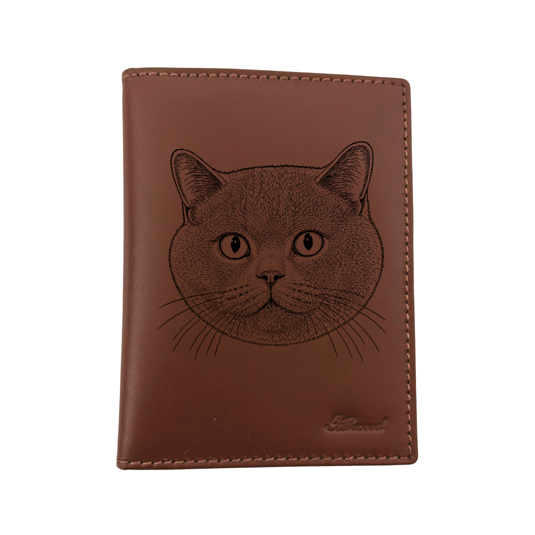 British Shorthair Cat Face Engraved Leather Passport Cover