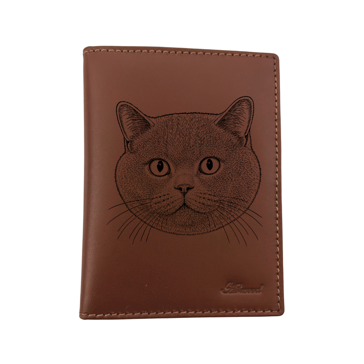 British Shorthair Cat Face Engraved Leather Passport Cover