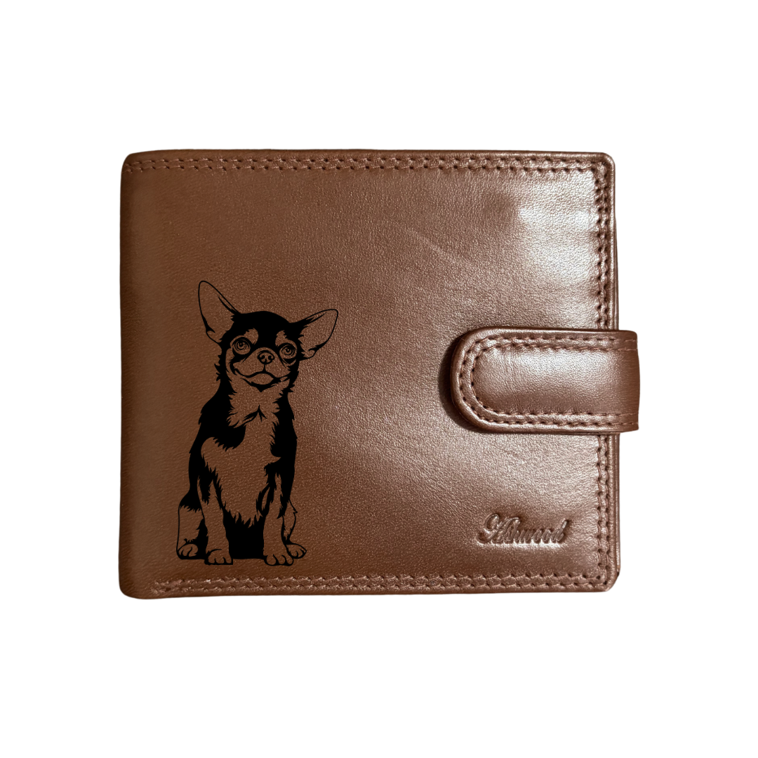 Personalised M Chihuahua Engraved Dark Tan Genuine Leather Wallet