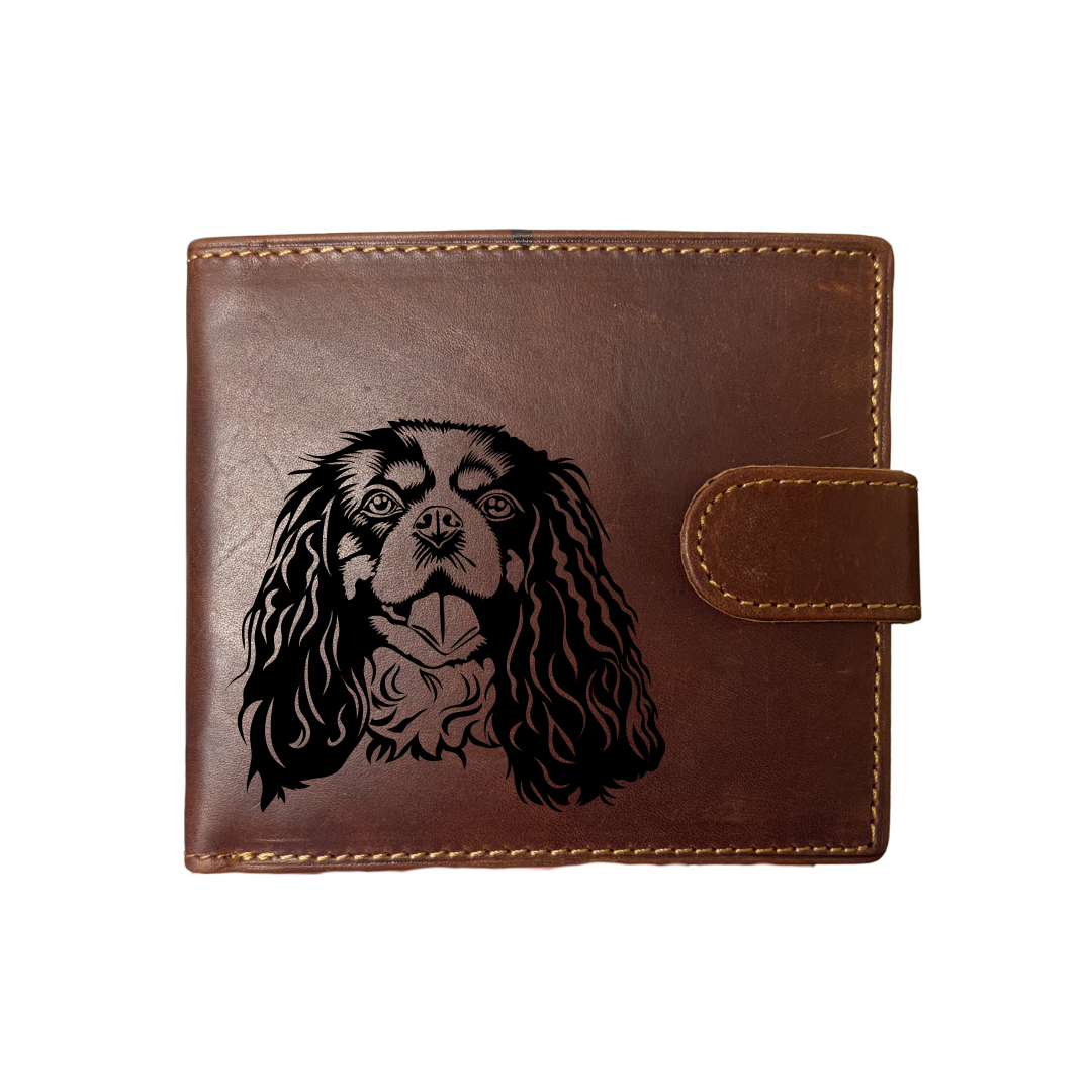 Personalised Cavalier King Charles Spaniel Face Engraved Dark Tan Genuine Leather Wallet