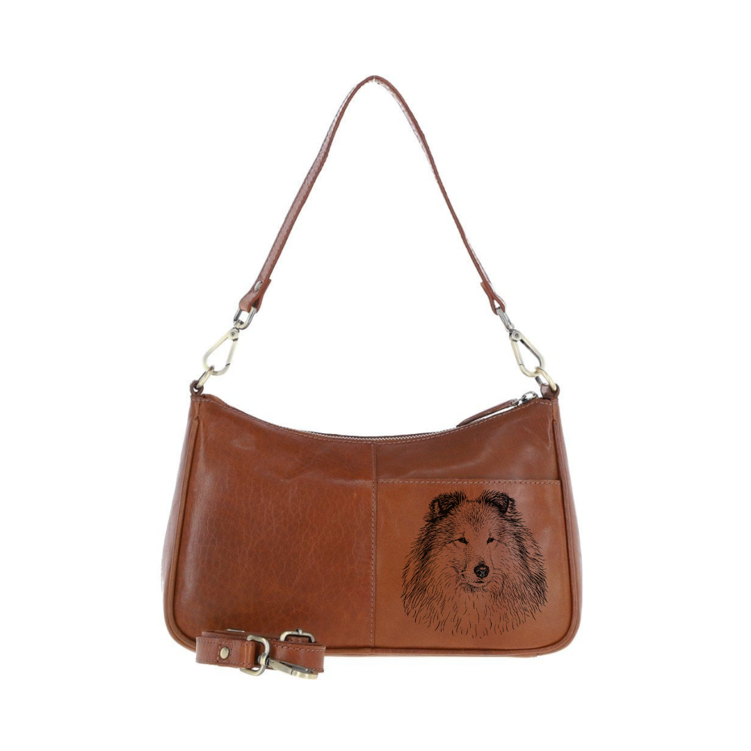 Shetland Sheepdog Face Engraved Genuine Leather Shoulder Bag