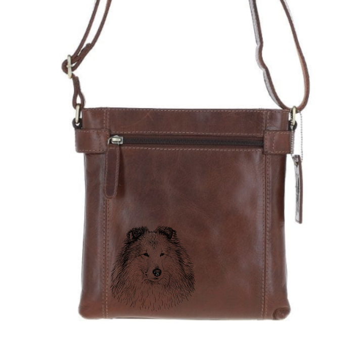 Shetland Sheedog Face Engraved Leather Two Section Zip Top Crossbody Bag