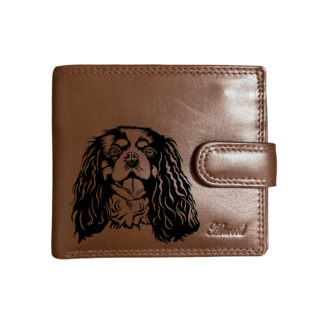 Personalised Cavalier King Charles Spaniel Face Engraved Dark Tan Genuine Leather Wallet