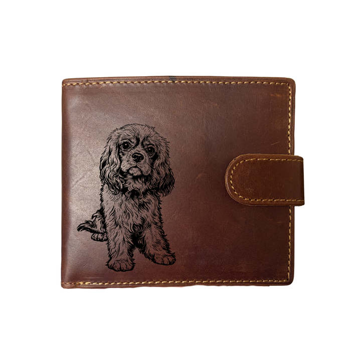 Personalised R Cavalier King Charles Spaniel Sitting Engraved Dark Tan Genuine Leather Wallet