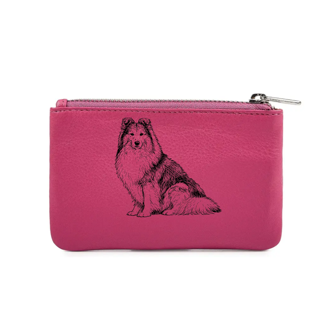 Shetland Sheepdog Sitting Engraved Genuine Leather Coin Purse (Multiple Colour Options)