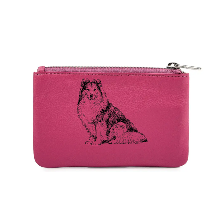 Shetland Sheepdog Sitting Engraved Genuine Leather Coin Purse (Multiple Colour Options)