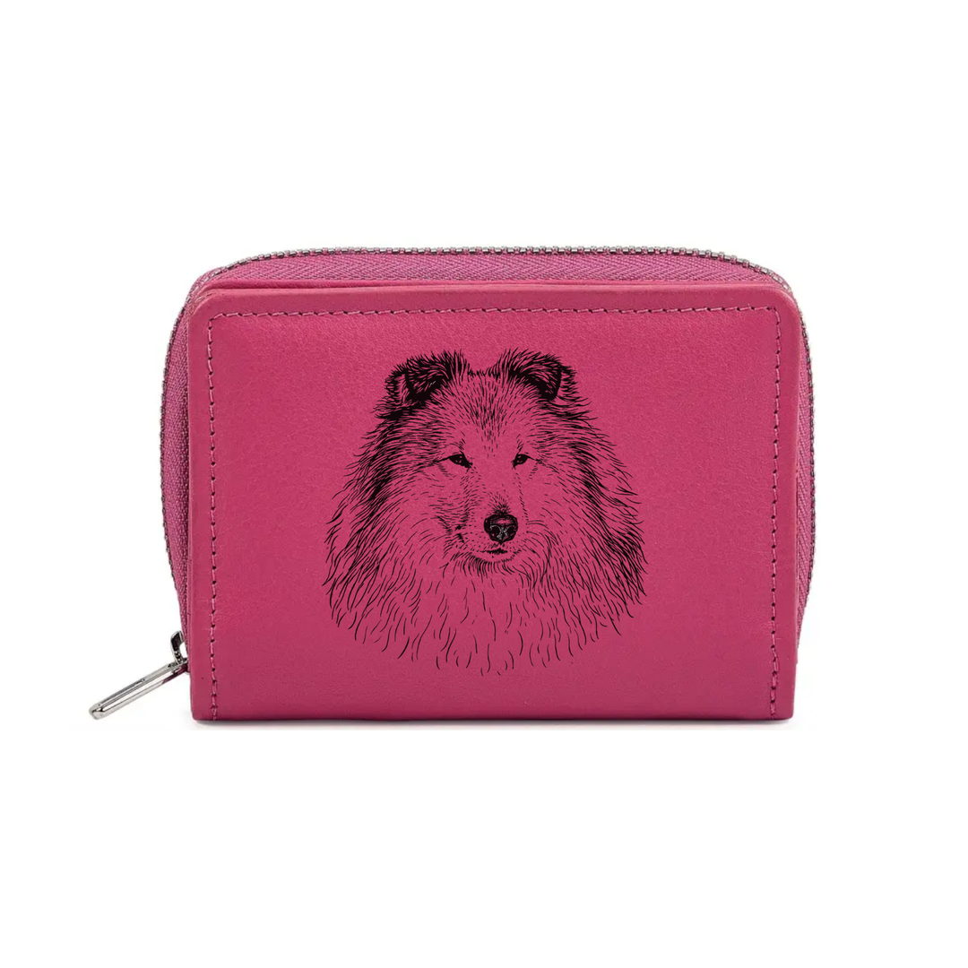 Shetland Sheepdog Face Engraved Small Leather Purse (Green/Pink/Blue/Red)