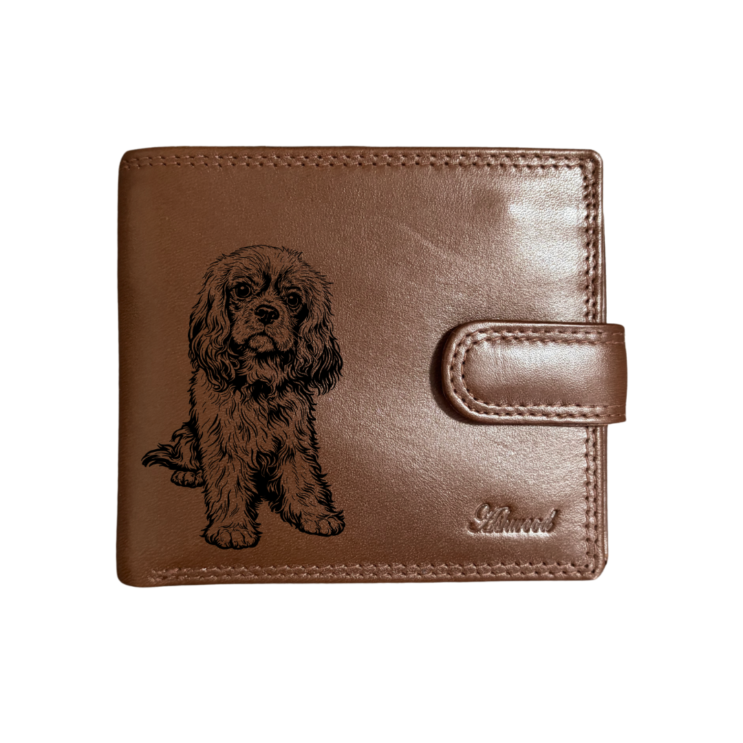 Personalised R Cavalier King Charles Spaniel Sitting Engraved Dark Tan Genuine Leather Wallet
