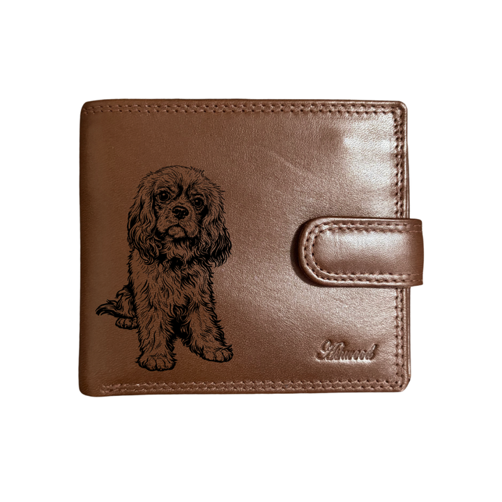 Personalised R Cavalier King Charles Spaniel Sitting Engraved Dark Tan Genuine Leather Wallet