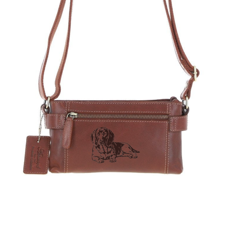 Personalised Black & Tan Coonhound Engraved Small Leather Two Section Zip Top Crossbody Bag