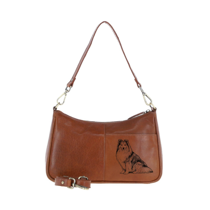 Shetland Sheepdog Sitting Engraved Genuine Leather Shoulder Bag