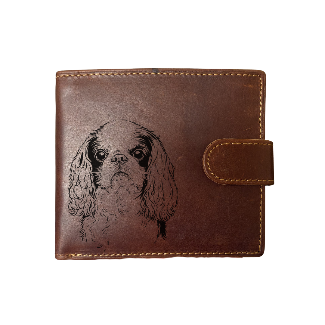 Personalised King Charles Spaniel Face Engraved Dark Tan Genuine Leather Wallet