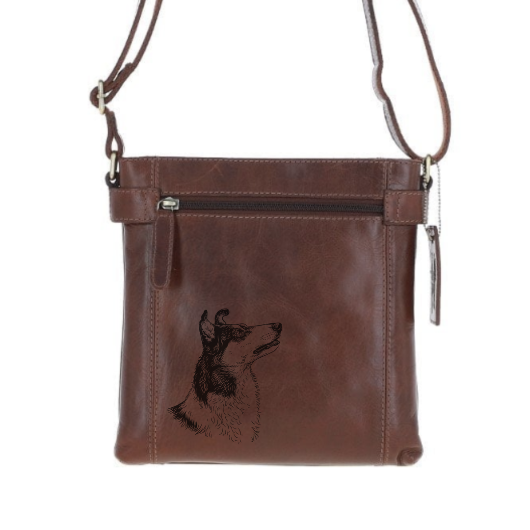 Smooth Collie Face Engraved Leather Two Section Zip Top Crossbody Bag