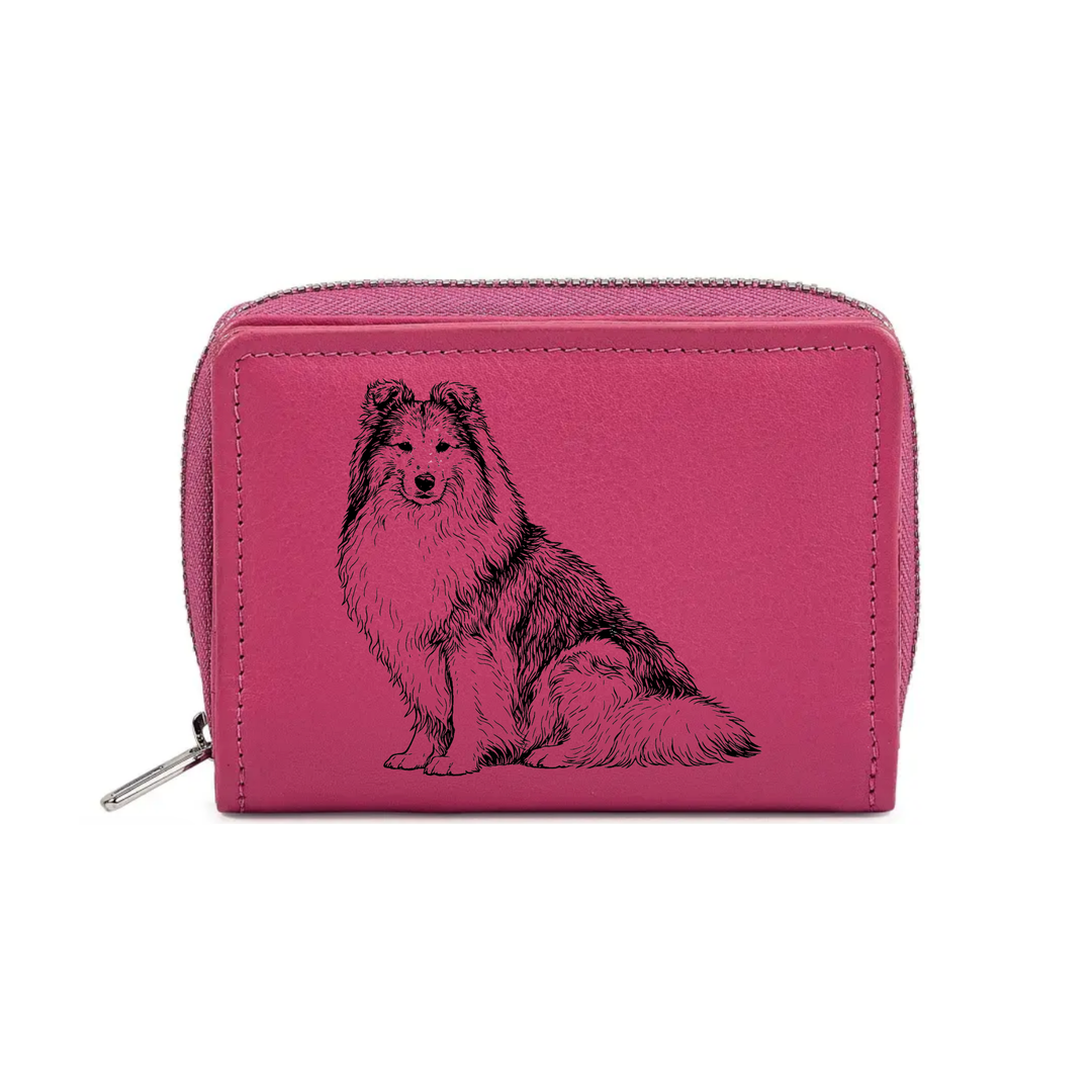 Shetland Sheepdog Sitting Engraved Small Leather Purse (Green/Pink/Blue/Red)