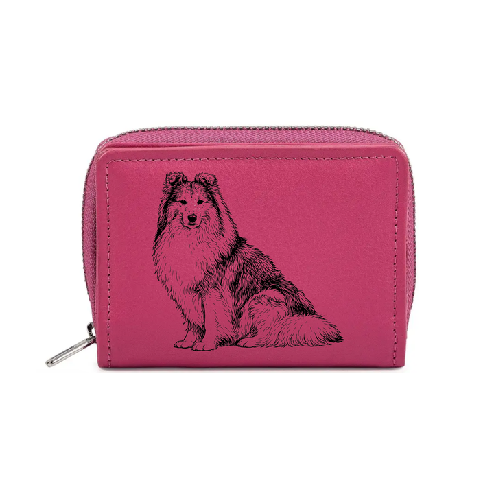 Shetland Sheepdog Sitting Engraved Small Leather Purse (Green/Pink/Blue/Red)