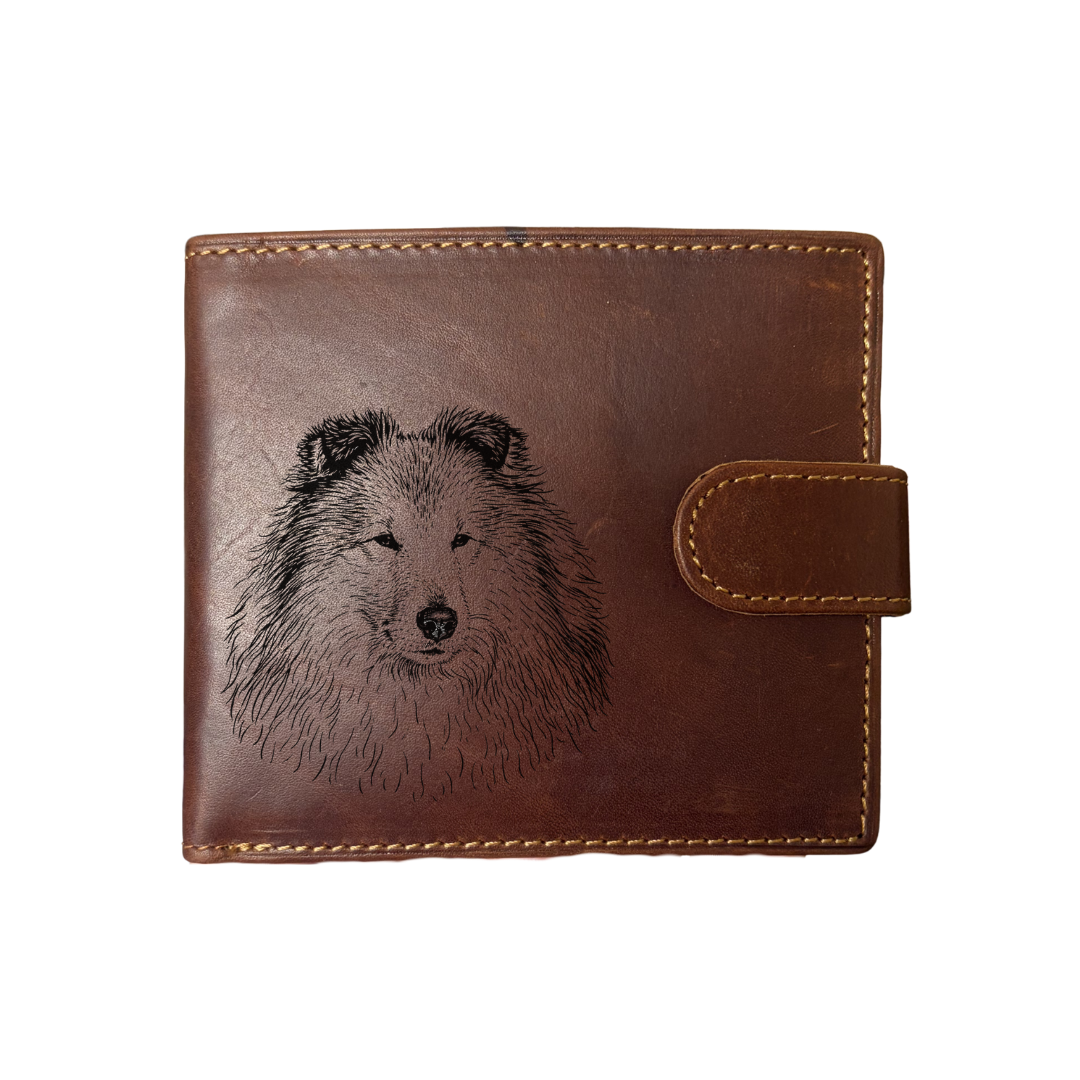 Personalised Shetland Sheepdog Face Engraved Dark Tan Genuine Leather Wallet