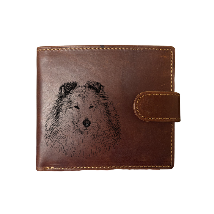 Personalised Shetland Sheepdog Face Engraved Dark Tan Genuine Leather Wallet