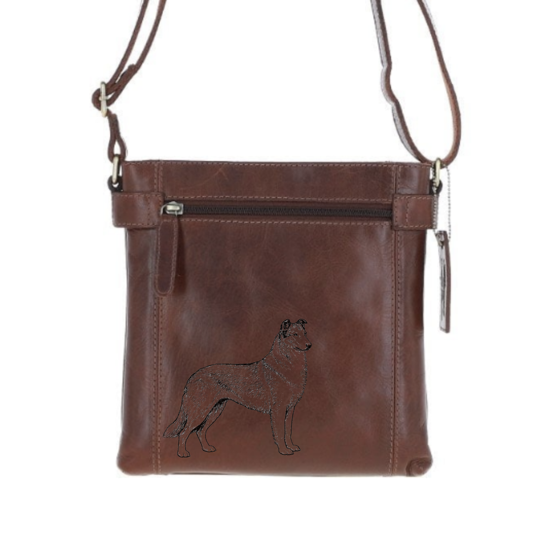 Smooth Collie Standing Engraved Leather Two Section Zip Top Crossbody Bag