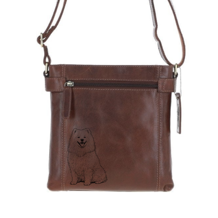 Samoyed Sitting Engraved Leather Two Section Zip Top Crossbody Bag