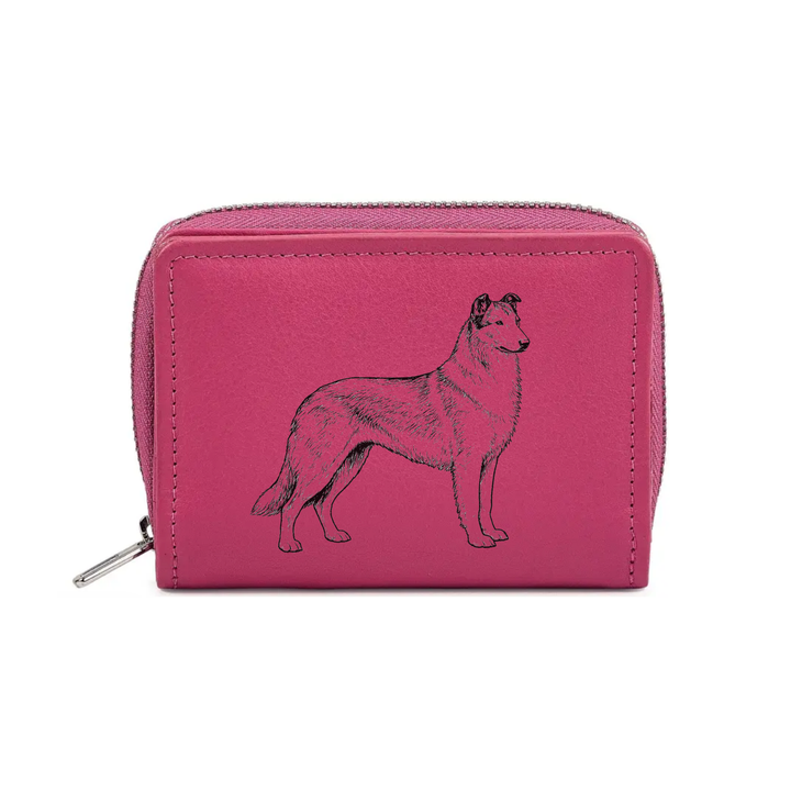 Smooth Collie Standing Engraved Small Leather Purse (Green/Pink/Blue/Red)