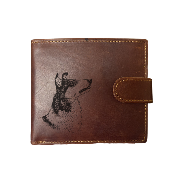 Personalised Smooth Collie Face Engraved Dark Tan Genuine Leather Wallet