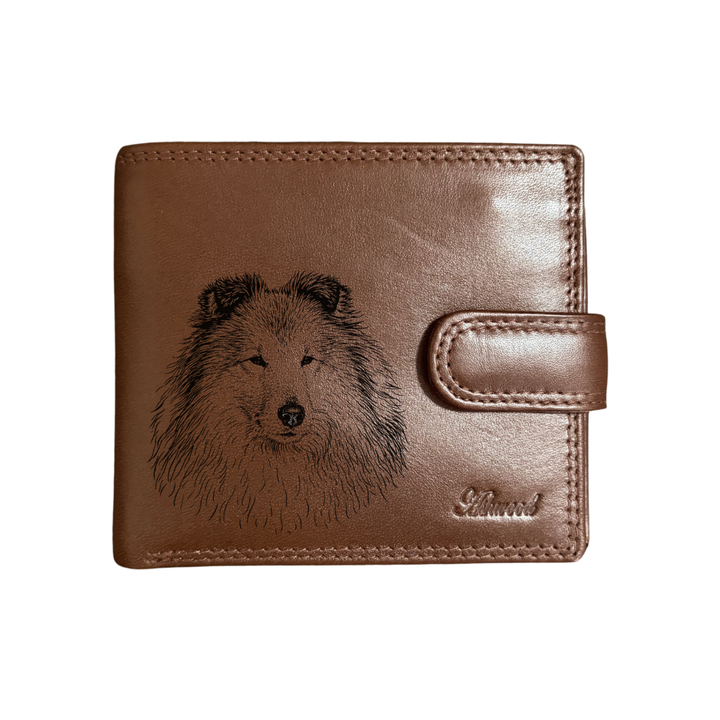 Personalised Shetland Sheepdog Face Engraved Dark Tan Genuine Leather Wallet