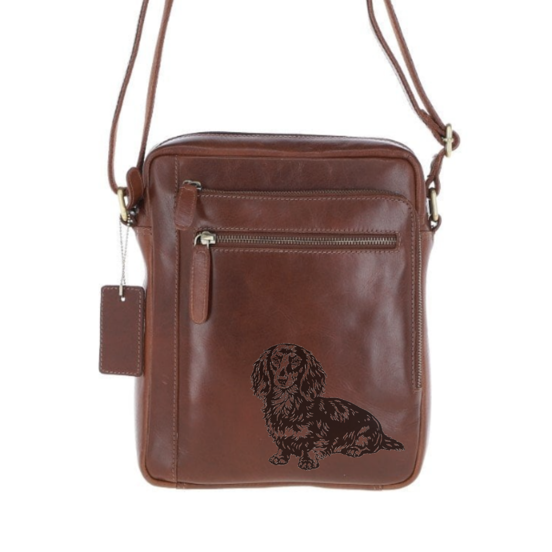 Personalised Sitting Longhaired Dachshund Engraved Leather Crossbody Bag