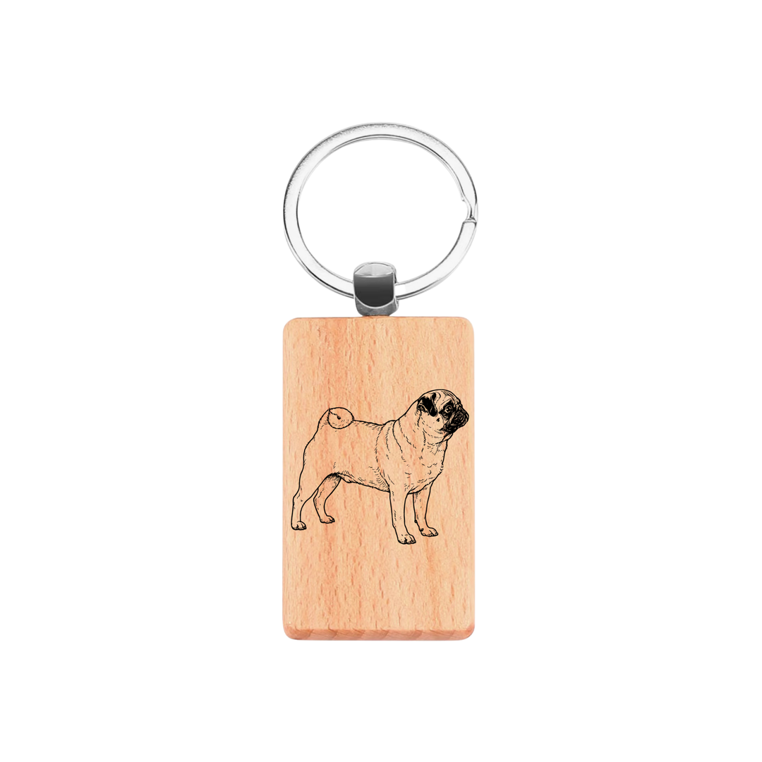 Pug Standing Engraved Rectangle Wooden Keyring