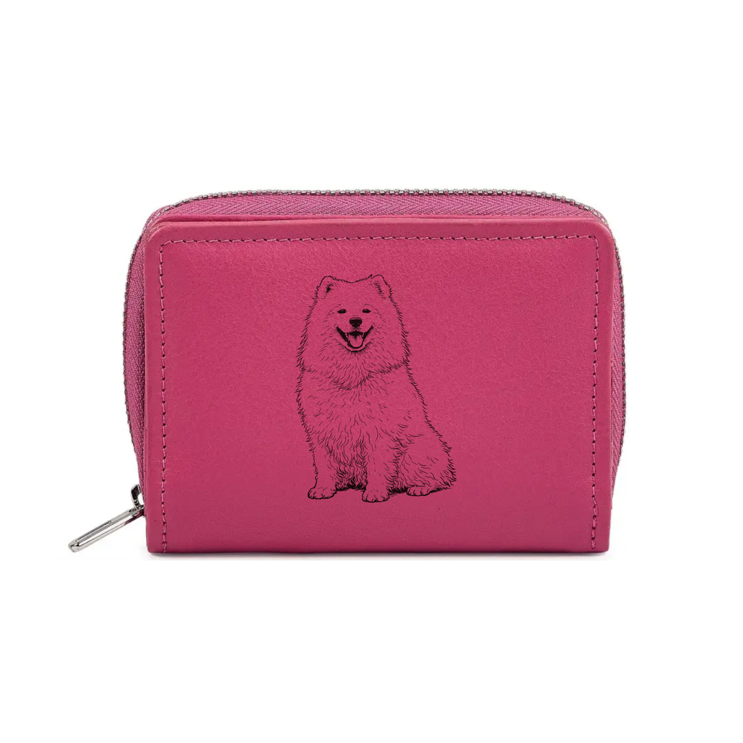 Samoyed Sitting Engraved Small Leather Purse (Green/Pink/Blue/Red)