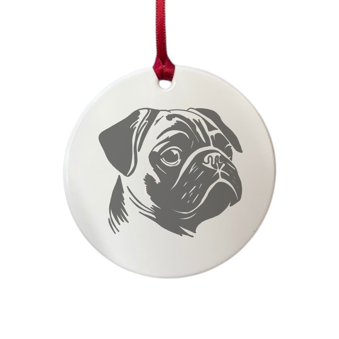 Personalised Pug Face Engraved White Acrylic Decoration