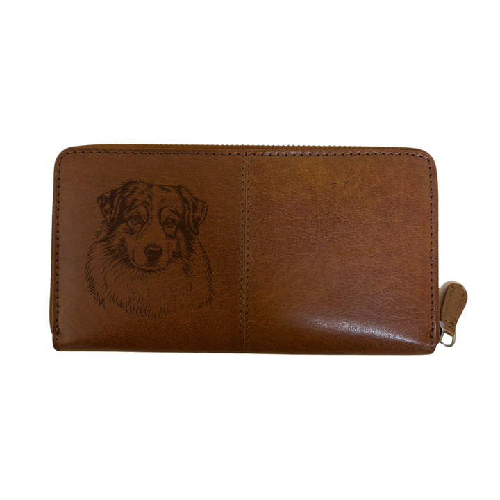 Australian Shepherd Face Engraved Large Leather Purse