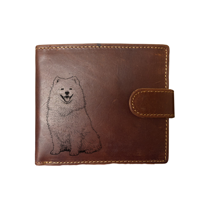 Personalised Samoyed Sitting Engraved Dark Tan Genuine Leather Wallet
