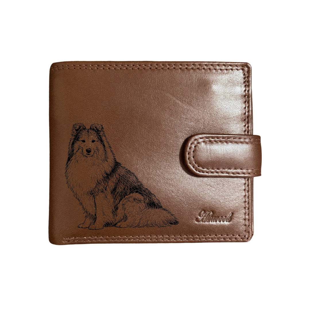 Personalised Shetland Sheepdog Sitting Engraved Dark Tan Genuine Leather Wallet