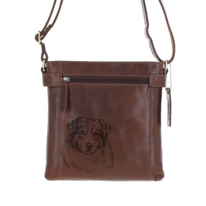 Australian Shepherd Face Engraved Leather Two Section Zip Top Crossbody Bag