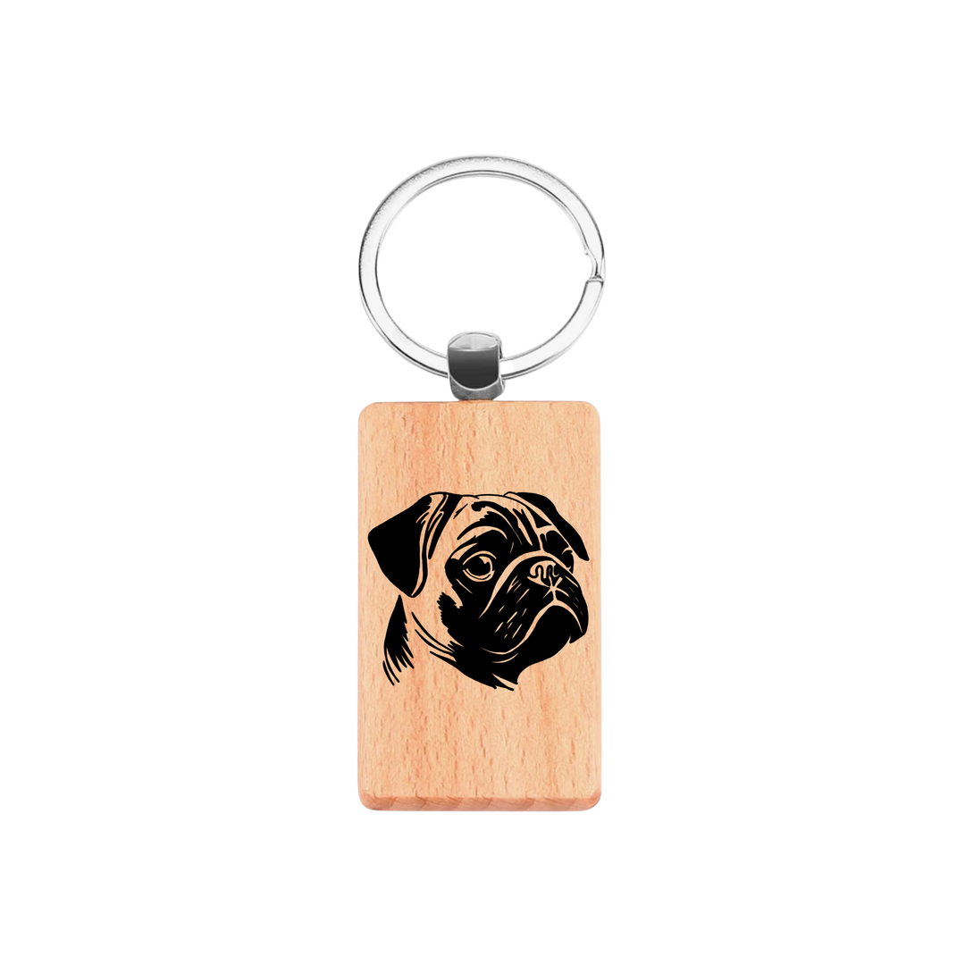 Pug Face Engraved Rectangle Wooden Keyring