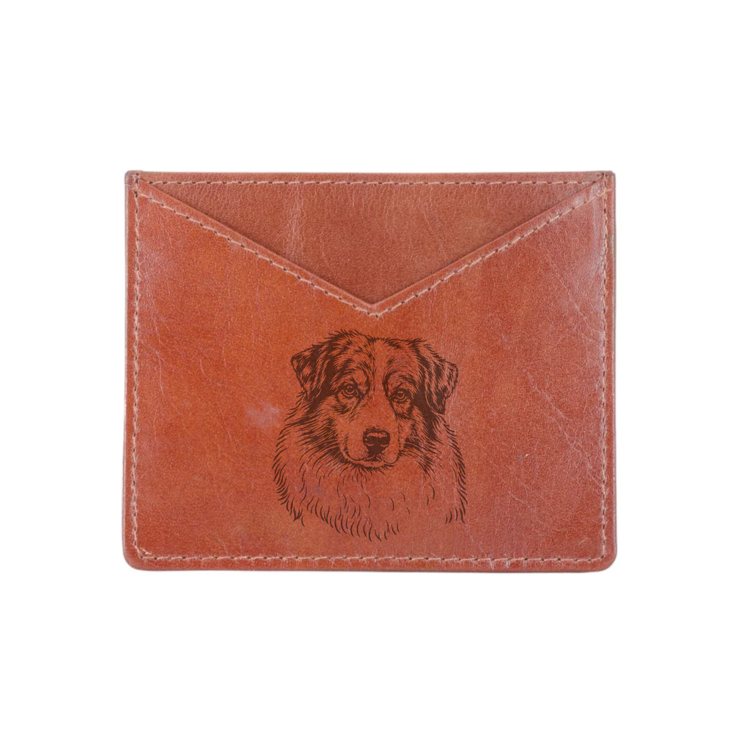 Australian Shepherd Face Engraved Genuine Leather Cardholder