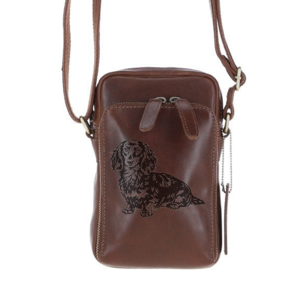 Personalised Longhaired Dachshund Standing Leather Compact Crossbody Bag