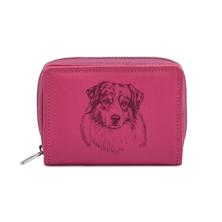 Australian Shepherd Face Engraved Small Leather Purse (Green/Pink/Blue/Red)