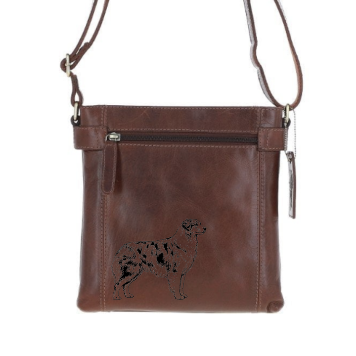 Australian Shepherd Standing Engraved Leather Two Section Zip Top Crossbody Bag